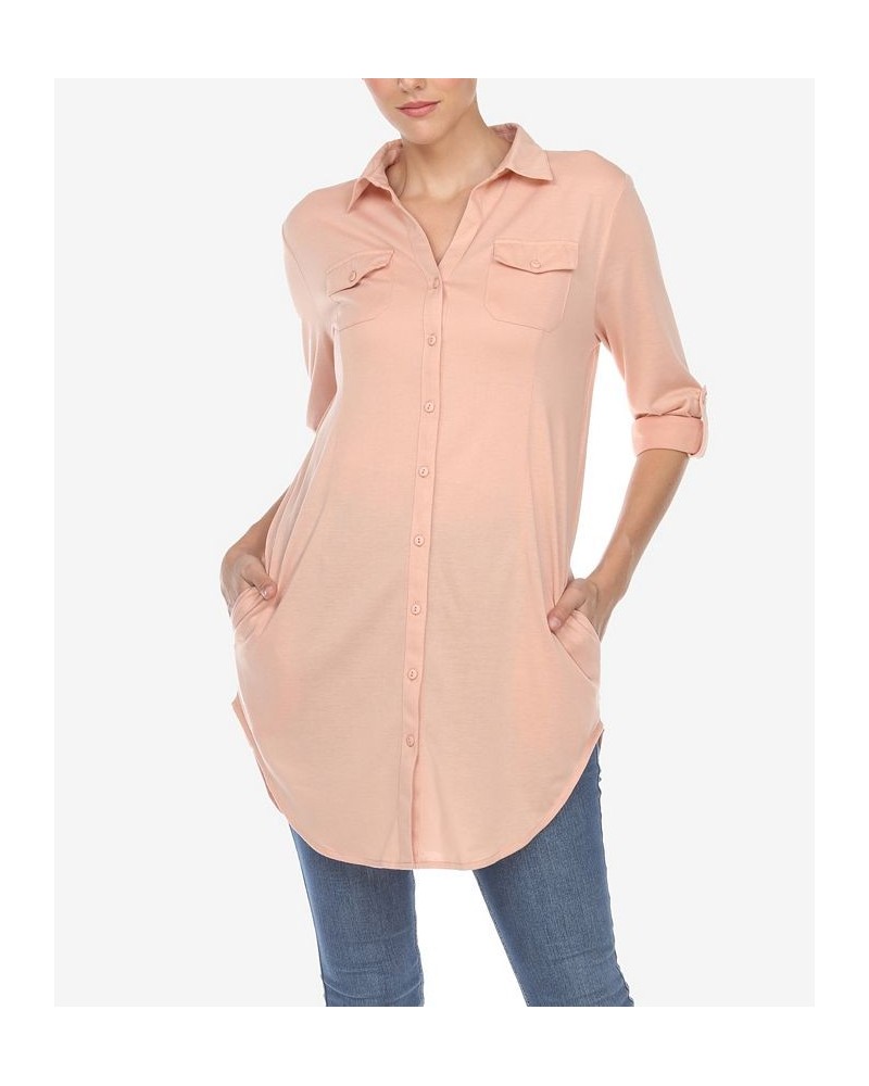 Women's Stretchy Button-Down Tunic Top Dusty Pink $14.76 Tops