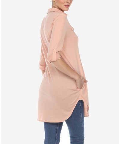 Women's Stretchy Button-Down Tunic Top Dusty Pink $14.76 Tops