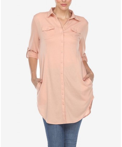 Women's Stretchy Button-Down Tunic Top Dusty Pink $14.76 Tops