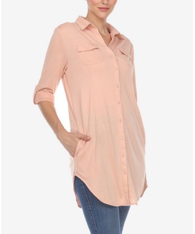 Women's Stretchy Button-Down Tunic Top Dusty Pink $14.76 Tops