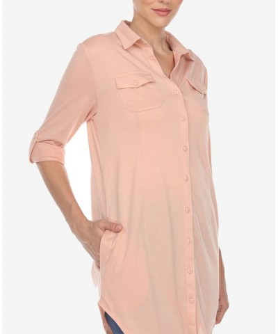 Women's Stretchy Button-Down Tunic Top Dusty Pink $14.76 Tops