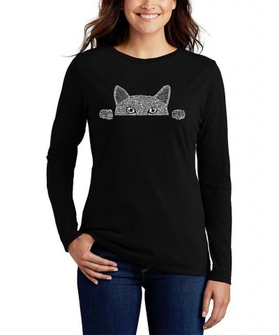 Women's Long Sleeve Word Art Peeking Cat T-shirt Black $16.28 Tops