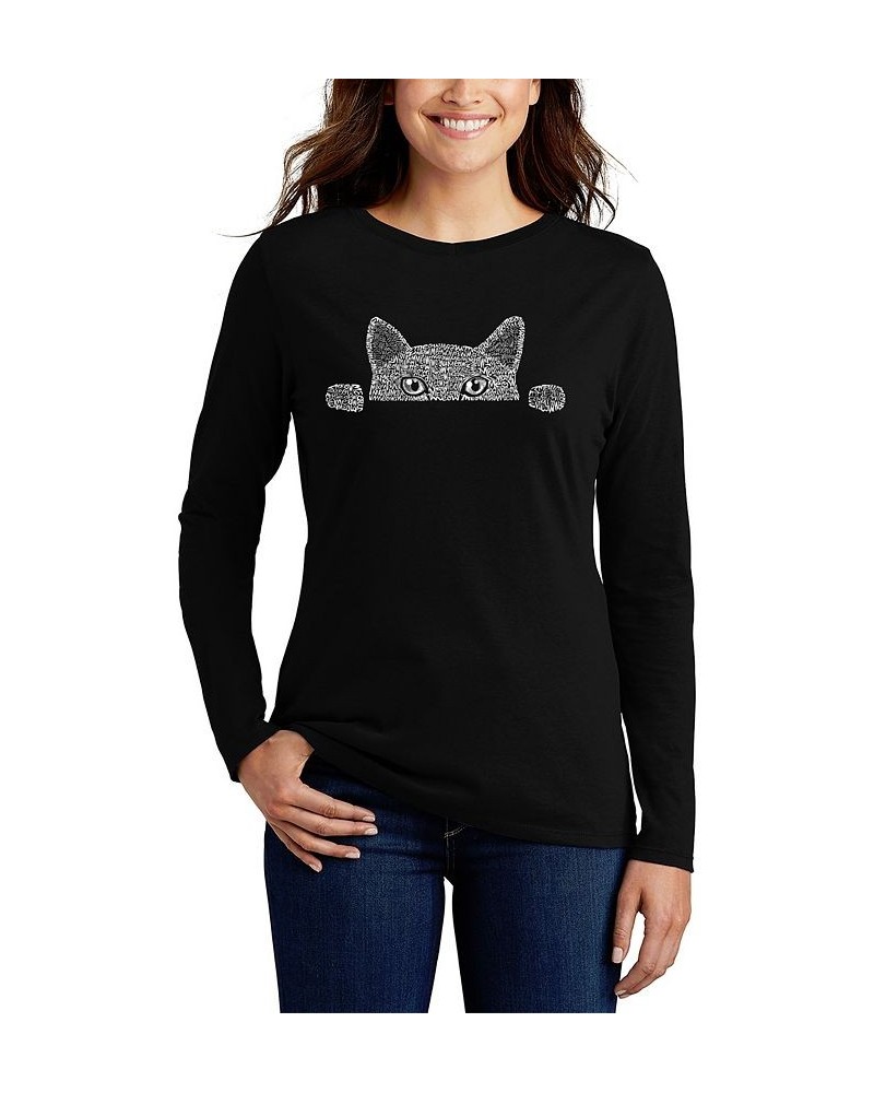 Women's Long Sleeve Word Art Peeking Cat T-shirt Black $16.28 Tops