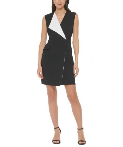 Women's Colorblocked Faux-Wrap Sleeveless Dress Black/White $47.52 Dresses