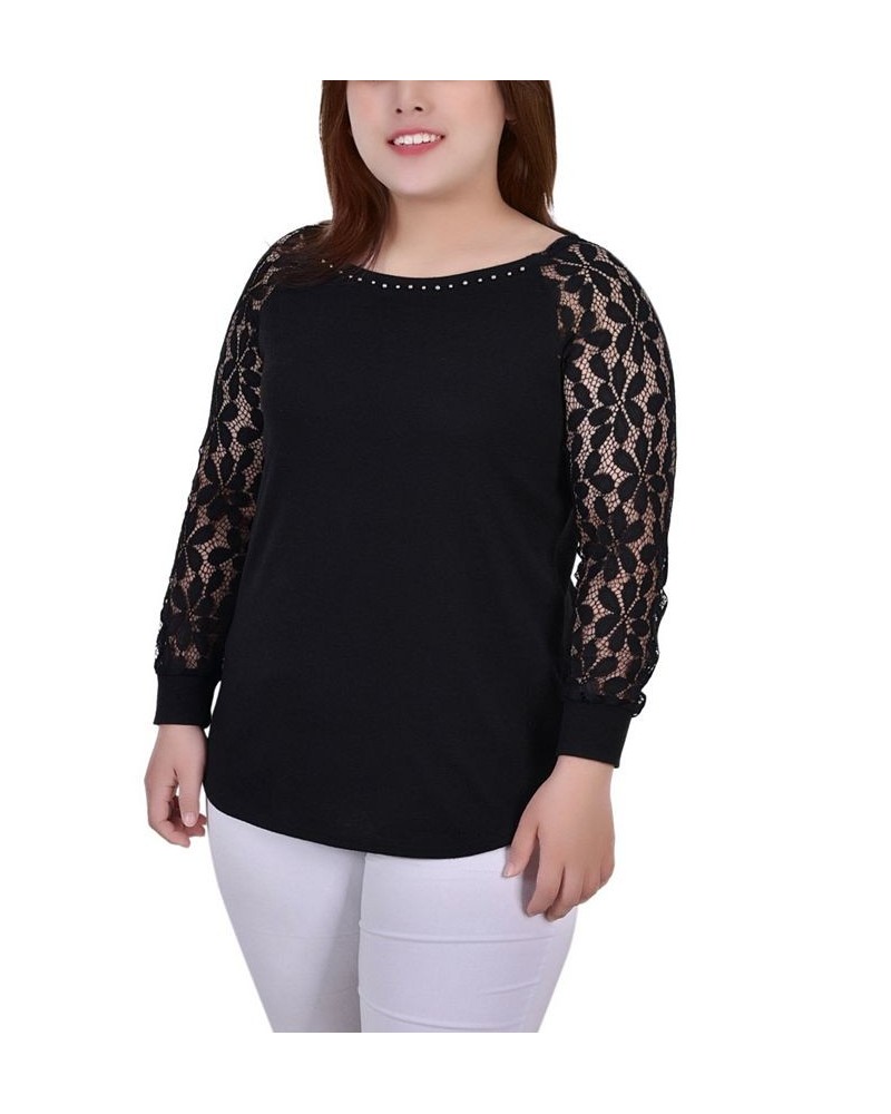 Plus Size Long Lace Sleeve Top Black $13.72 Tops