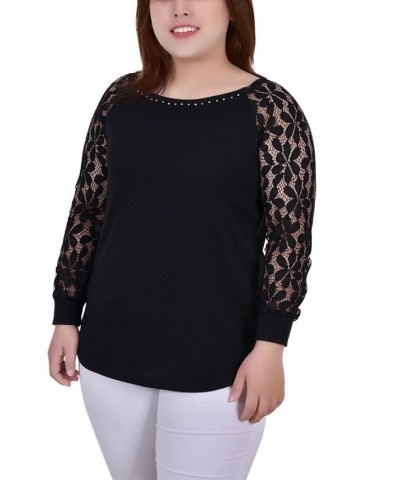 Plus Size Long Lace Sleeve Top Black $13.72 Tops