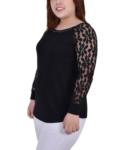 Plus Size Long Lace Sleeve Top Black $13.72 Tops