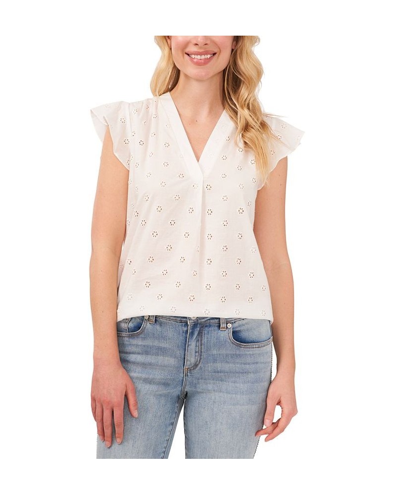 Women's Flutter-Sleeve Embroidered Eyelet Blouse Ultra White $30.84 Tops