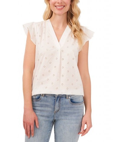 Women's Flutter-Sleeve Embroidered Eyelet Blouse Ultra White $30.84 Tops