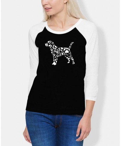 Women's Raglan Dog Paw Prints Word Art T-shirt Black, White $19.36 Tops