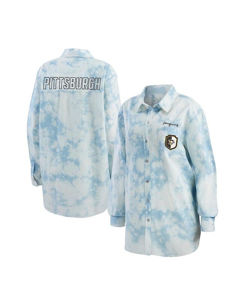 Women's White Pittsburgh Penguins Oversized Tie-Dye Button-Up Denim Shirt Blue $34.40 Tops