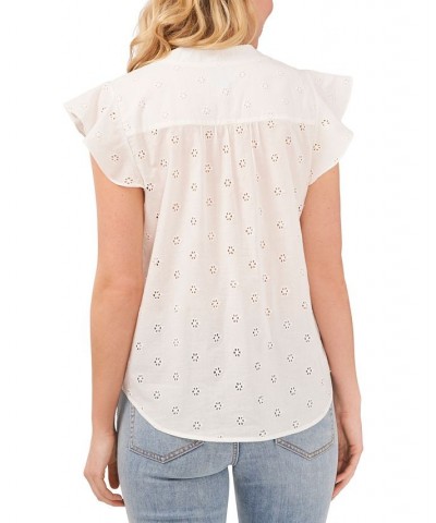 Women's Flutter-Sleeve Embroidered Eyelet Blouse Ultra White $30.84 Tops