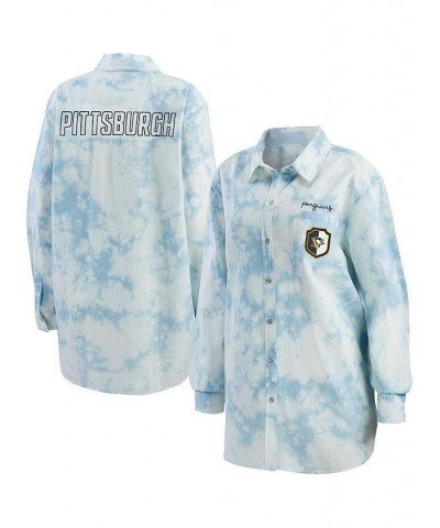 Women's White Pittsburgh Penguins Oversized Tie-Dye Button-Up Denim Shirt Blue $34.40 Tops