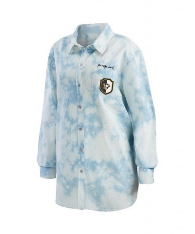 Women's White Pittsburgh Penguins Oversized Tie-Dye Button-Up Denim Shirt Blue $34.40 Tops