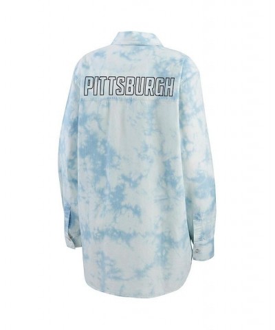 Women's White Pittsburgh Penguins Oversized Tie-Dye Button-Up Denim Shirt Blue $34.40 Tops