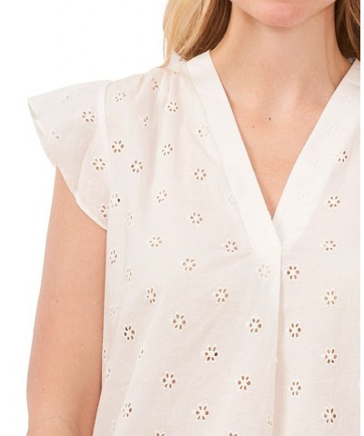 Women's Flutter-Sleeve Embroidered Eyelet Blouse Ultra White $30.84 Tops