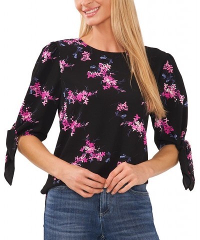 Women's Floral-Print Tie-Sleeve Round-Neck Blouse Rich Black $27.76 Tops