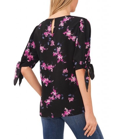 Women's Floral-Print Tie-Sleeve Round-Neck Blouse Rich Black $27.76 Tops