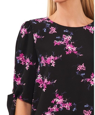 Women's Floral-Print Tie-Sleeve Round-Neck Blouse Rich Black $27.76 Tops