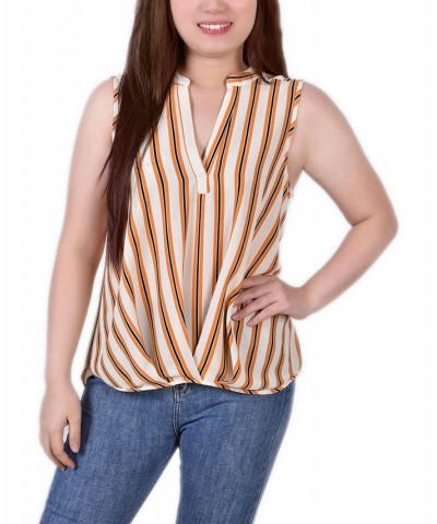 Petite Size Sleeveless Y-neck Pleated Hem Blouse Mustard Ivory Stripe $14.57 Tops