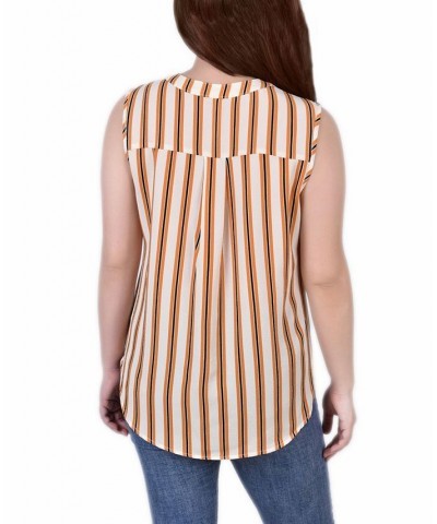 Petite Size Sleeveless Y-neck Pleated Hem Blouse Mustard Ivory Stripe $14.57 Tops