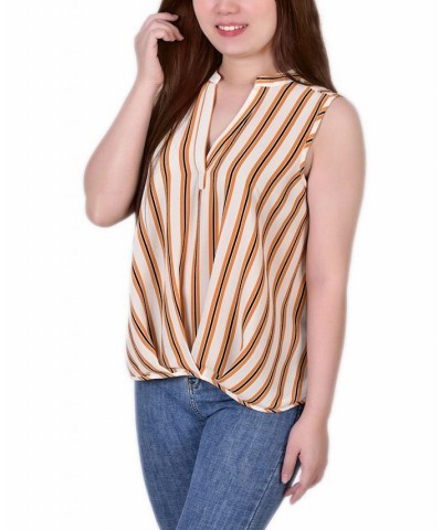 Petite Size Sleeveless Y-neck Pleated Hem Blouse Mustard Ivory Stripe $14.57 Tops