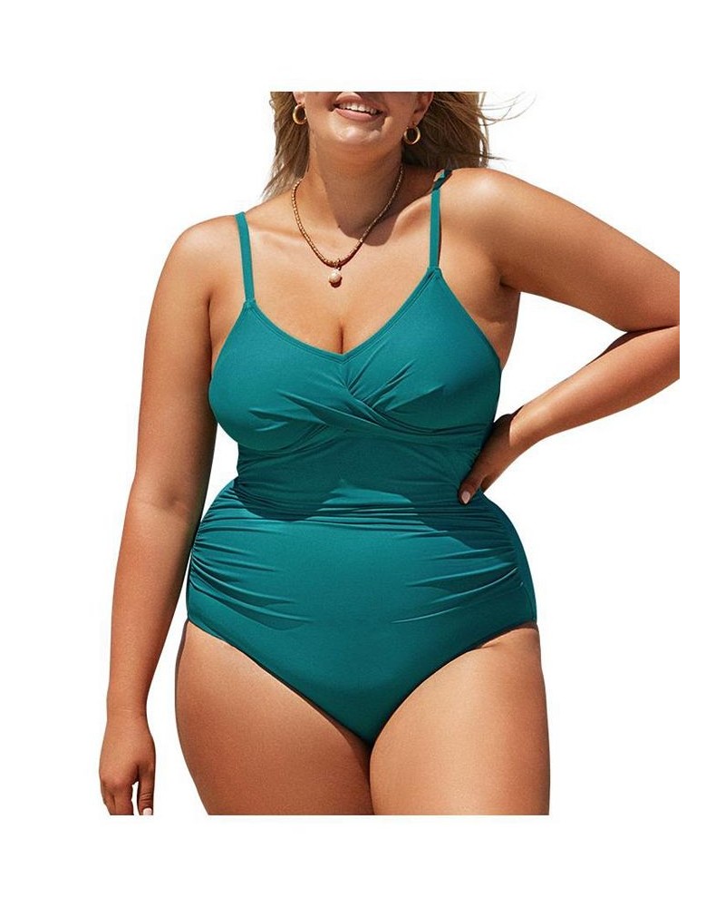 Women's Boho Rhapsody Shirred Plus Size One Piece Swimsuit Green $29.49 Swimsuits