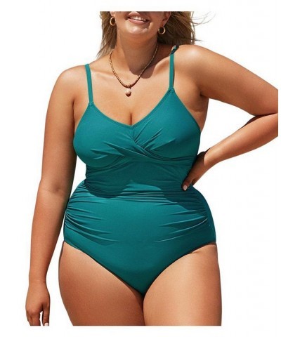 Women's Boho Rhapsody Shirred Plus Size One Piece Swimsuit Green $29.49 Swimsuits