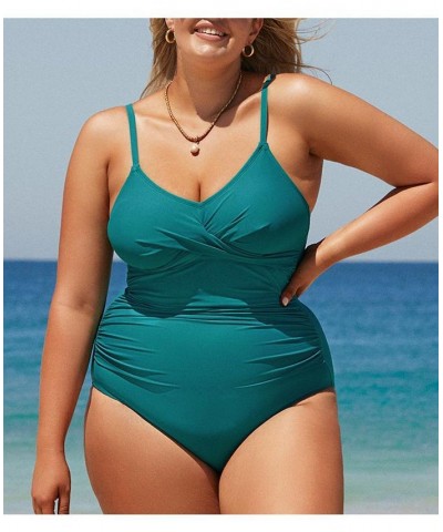 Women's Boho Rhapsody Shirred Plus Size One Piece Swimsuit Green $29.49 Swimsuits