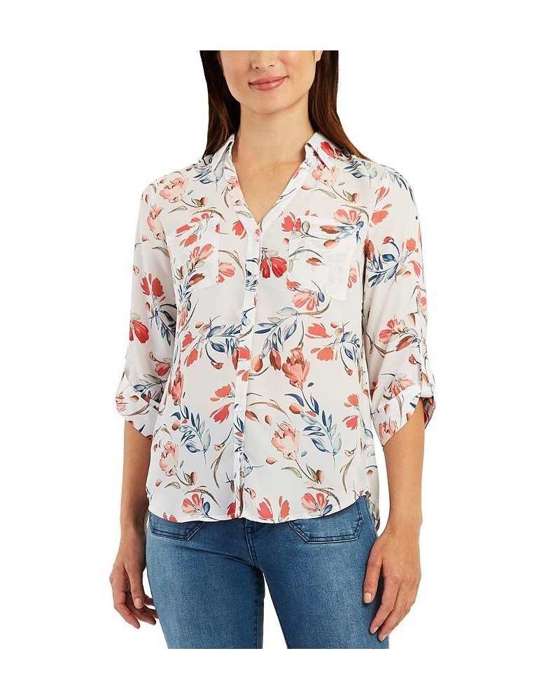 Juniors' Floral Roll Tab Button Down Blouse Pat A $13.28 Tops