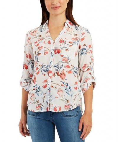 Juniors' Floral Roll Tab Button Down Blouse Pat A $13.28 Tops