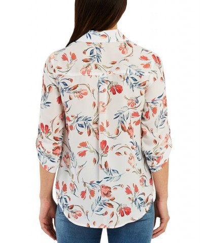 Juniors' Floral Roll Tab Button Down Blouse Pat A $13.28 Tops