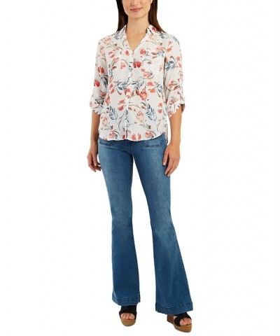 Juniors' Floral Roll Tab Button Down Blouse Pat A $13.28 Tops