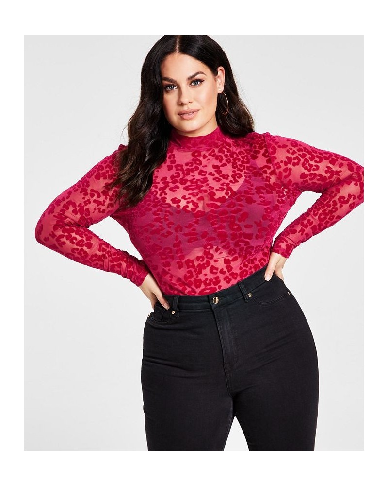 Plus Size Sheer Velvet Leopard Flock Mock-Neck Top Sangria $16.77 Tops