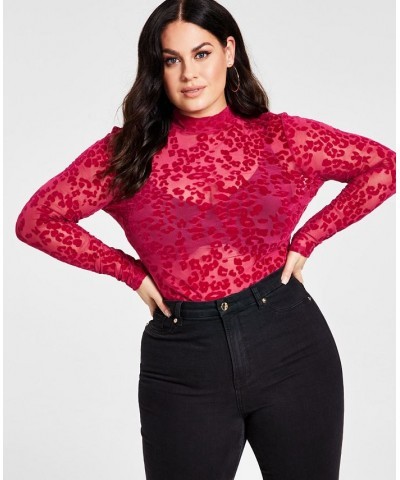 Plus Size Sheer Velvet Leopard Flock Mock-Neck Top Sangria $16.77 Tops