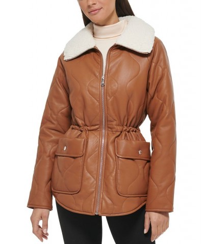 Women's Quilted Faux-Leather Shacket Cognac $51.00 Coats