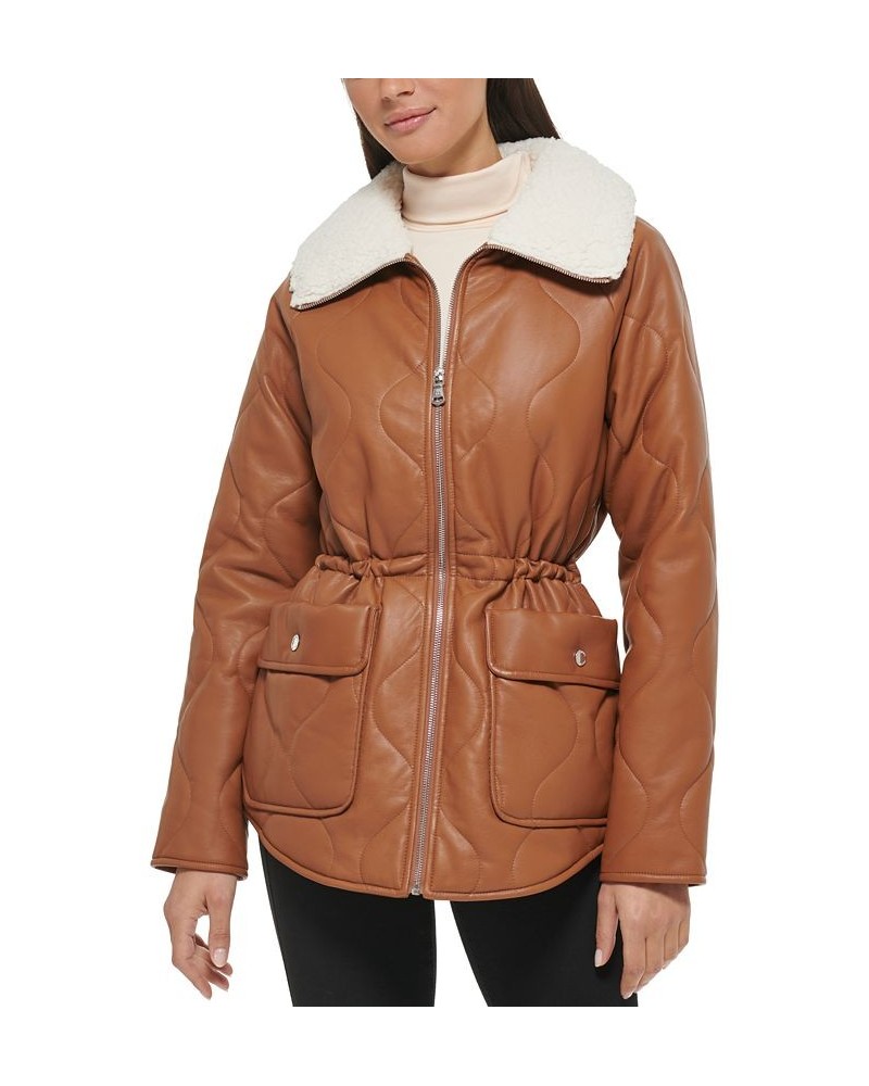 Women's Quilted Faux-Leather Shacket Cognac $51.00 Coats