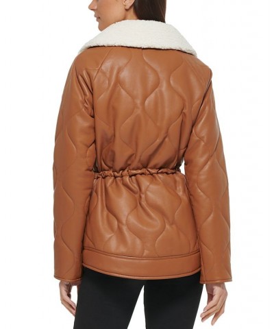 Women's Quilted Faux-Leather Shacket Cognac $51.00 Coats