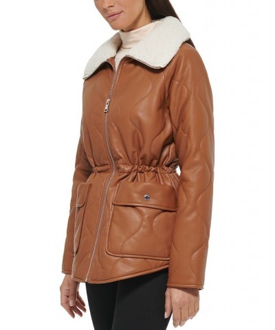 Women's Quilted Faux-Leather Shacket Cognac $51.00 Coats