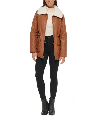 Women's Quilted Faux-Leather Shacket Cognac $51.00 Coats