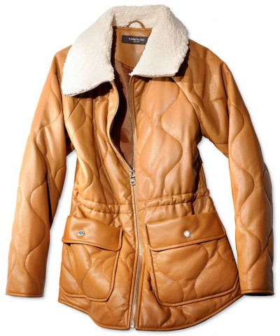 Women's Quilted Faux-Leather Shacket Cognac $51.00 Coats