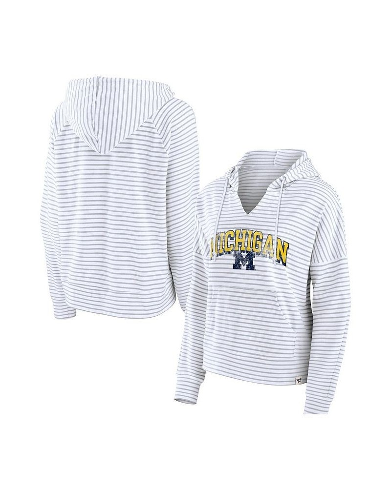 Women's Branded White Michigan Wolverines Striped Notch Neck Pullover Hoodie White $33.14 Sweatshirts