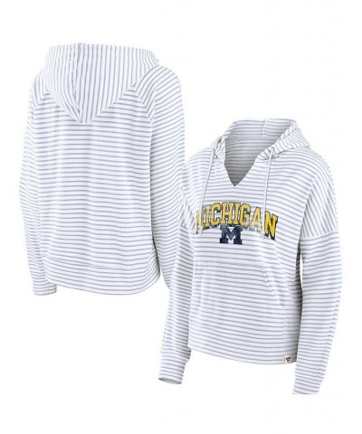 Women's Branded White Michigan Wolverines Striped Notch Neck Pullover Hoodie White $33.14 Sweatshirts