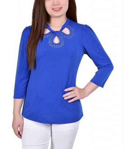 Petite 3/4 Sleeve Knit Crepe Studded Keyhole Top Blue $16.80 Tops