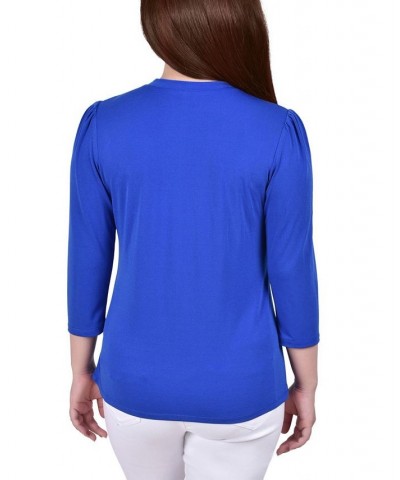 Petite 3/4 Sleeve Knit Crepe Studded Keyhole Top Blue $16.80 Tops