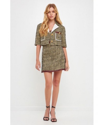 Women's Cropped Tweed Jacket Yellow Black $135.30 Jackets