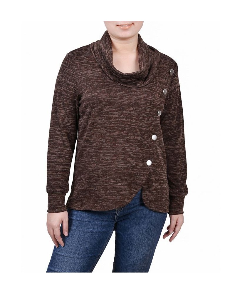 Women's Missy Long Sleeve Overlapping Cowl Neck Top Brown Enzo $14.85 Tops