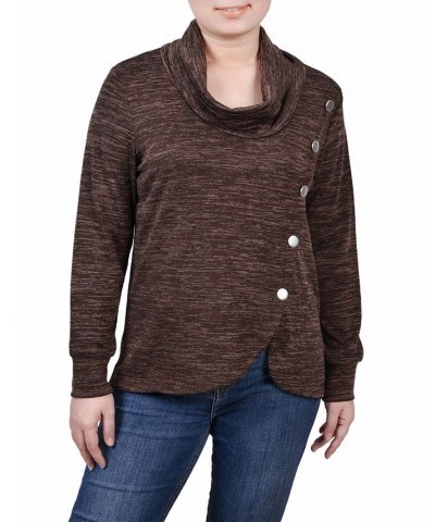 Women's Missy Long Sleeve Overlapping Cowl Neck Top Brown Enzo $14.85 Tops