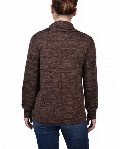 Women's Missy Long Sleeve Overlapping Cowl Neck Top Brown Enzo $14.85 Tops