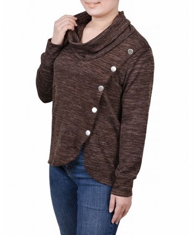 Women's Missy Long Sleeve Overlapping Cowl Neck Top Brown Enzo $14.85 Tops